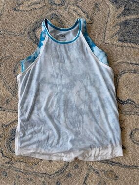 Athleta Girls White Tank with Blue Tie-Dye Trim